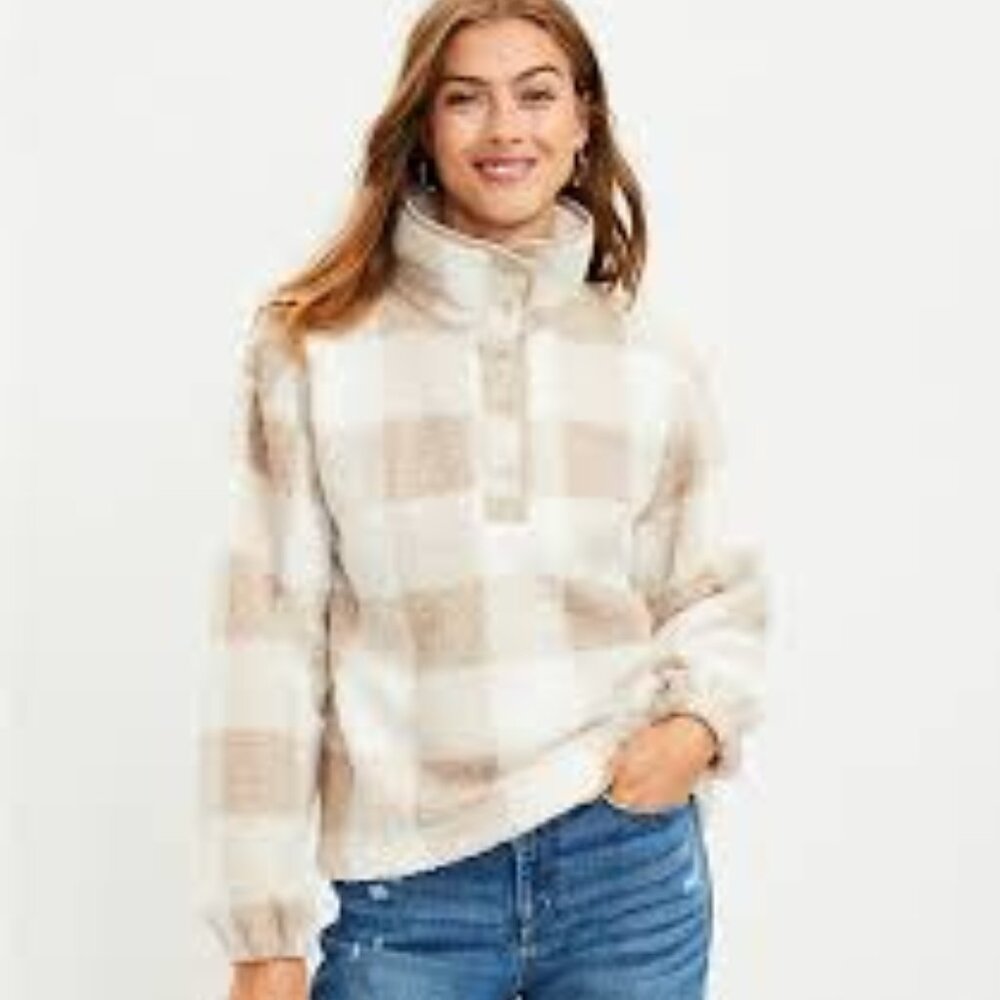 LOFT Plaid Sherpa 1/4 Snap Collar Top